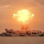 3d rendering of large nuke bomb test explosion with film look